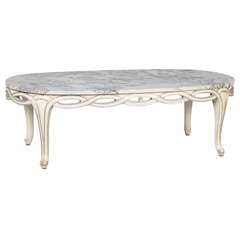 Vintage Mid-century Oval Coffee Table with Pierced Apron and Marble Top