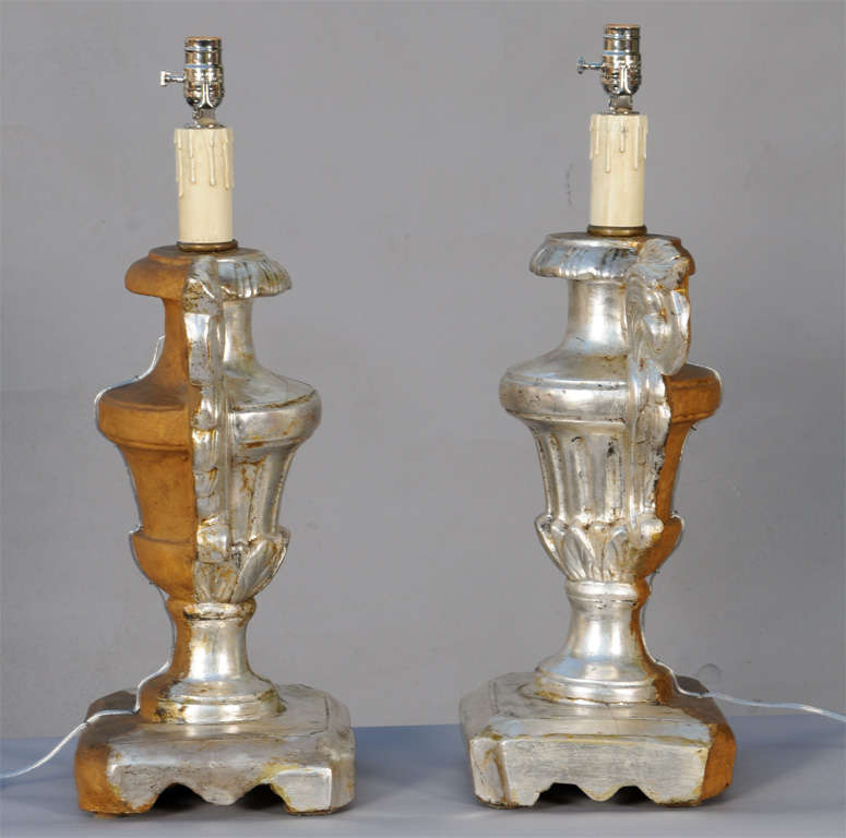 Gilt Pair of 19th Century Silvergilt Pricket Base Urn Lamps For Sale