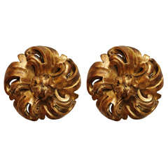 Oversized Pair of Early Carved Giltwood Rosette Fragments