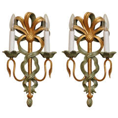Unusual Pair of Italian Painted and Parcel Gilt Sconces