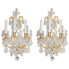 Fine Pair of Gilt Bronze and Crystal Sconces