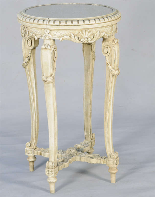Carved Painted Pedestal Table with Round Mirror Top
