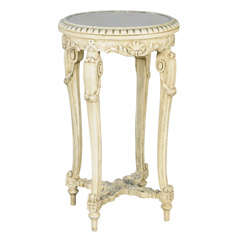 Antique Carved Painted Pedestal Table with Round Mirror Top