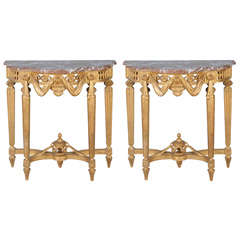 Magnificent Pair of Giltwood Consoles with Tops of Rouge Marble