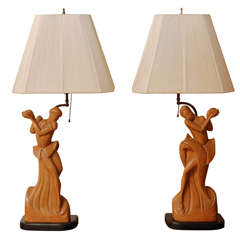 Pair Of 1940'S Figural Carved Oak Table Lamps