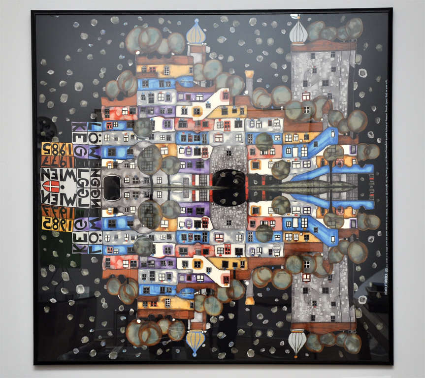 Grand foulard en soie encadré, conçu par l'artiste autrichien Fritz Hundertwasser (1928-2000). Intitulée 