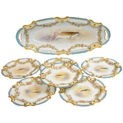Hand Painted Limoge 7 Set Fish Set, Artist Signed "Muville"