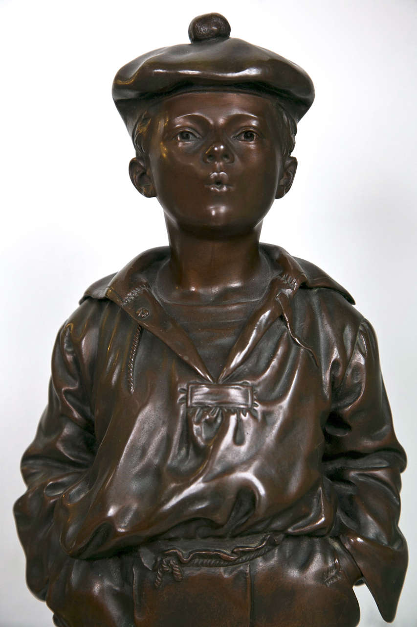 French Bronze of Boy Whistling Signed & Marked by Artist In Good Condition In Stamford, CT