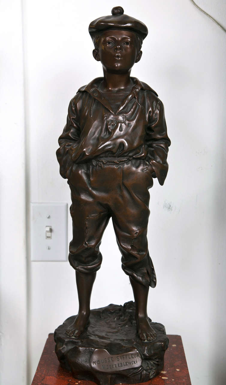 French Bronze of Boy Whistling Signed & Marked by Mousse Siffleleur V. Szczeblewsk and with foundry markings

This was cast in three sizes, this is the middle size- very fine detail.