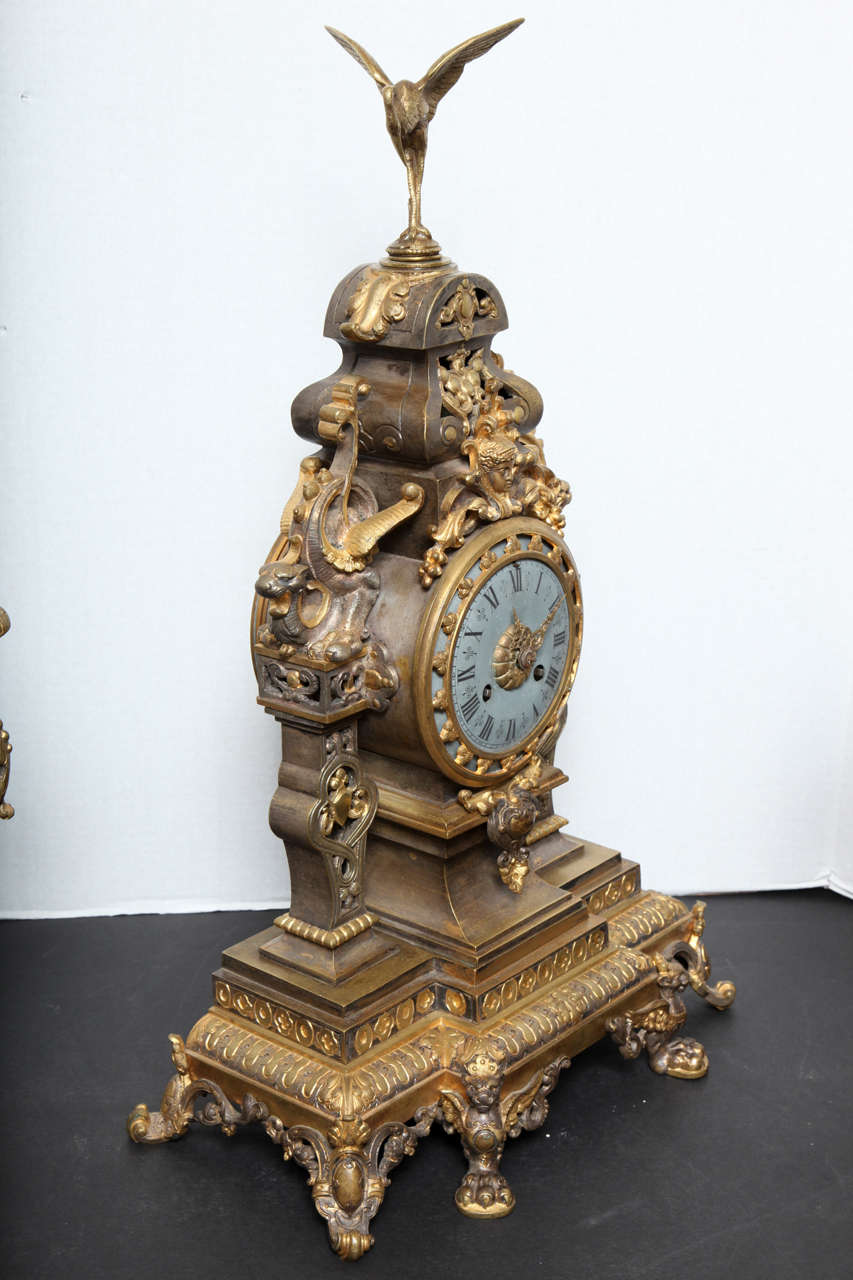French 19th Century Bronze, Three-Piece Chinoiserie Style Clock Set 3