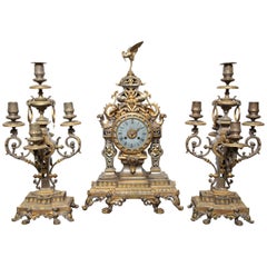 French 19th Century Bronze, Three-Piece Chinoiserie Style Clock Set