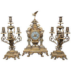 French 19th Century Bronze, Three-Piece Chinoiserie Style Clock Set 1