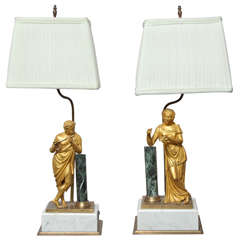 Pair of Neoclassical Marble and Gilt Bronze Figural Table Lamps