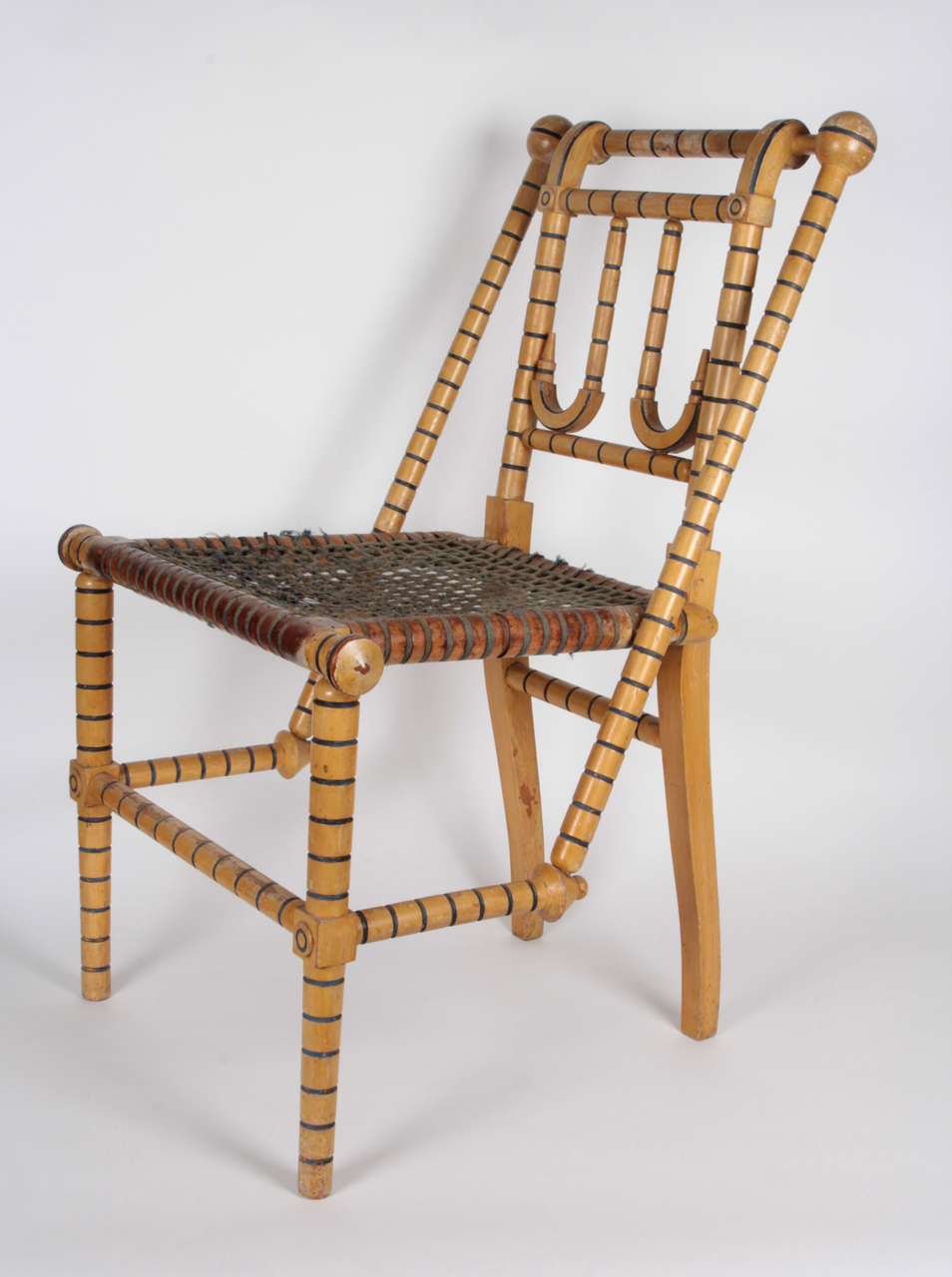 GEORGE JAKOB HUNZINGER (1835-1898) Germany/ USA

Chair 1876

Yellow and blue painted elaborately turned wood, blue thread woven covered metal band mesh seat (original condition)

Marked: George Hunzinger Patent 1876

Illustrated: The