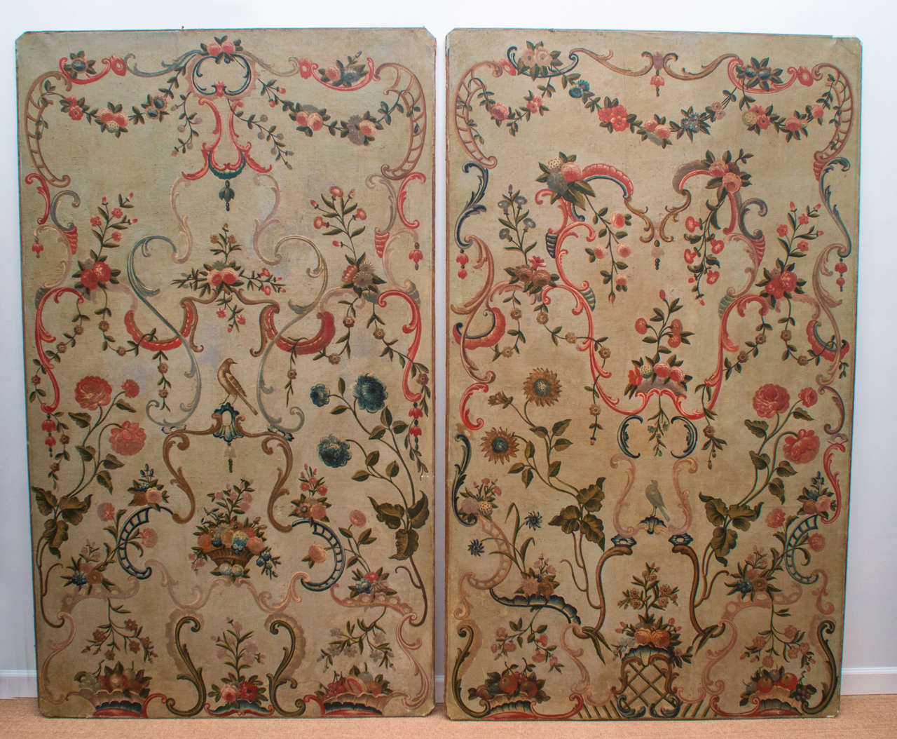 Canvas on wood frame panels, painted in the Rococo style with old celadon background with coral, greens and blue detail

