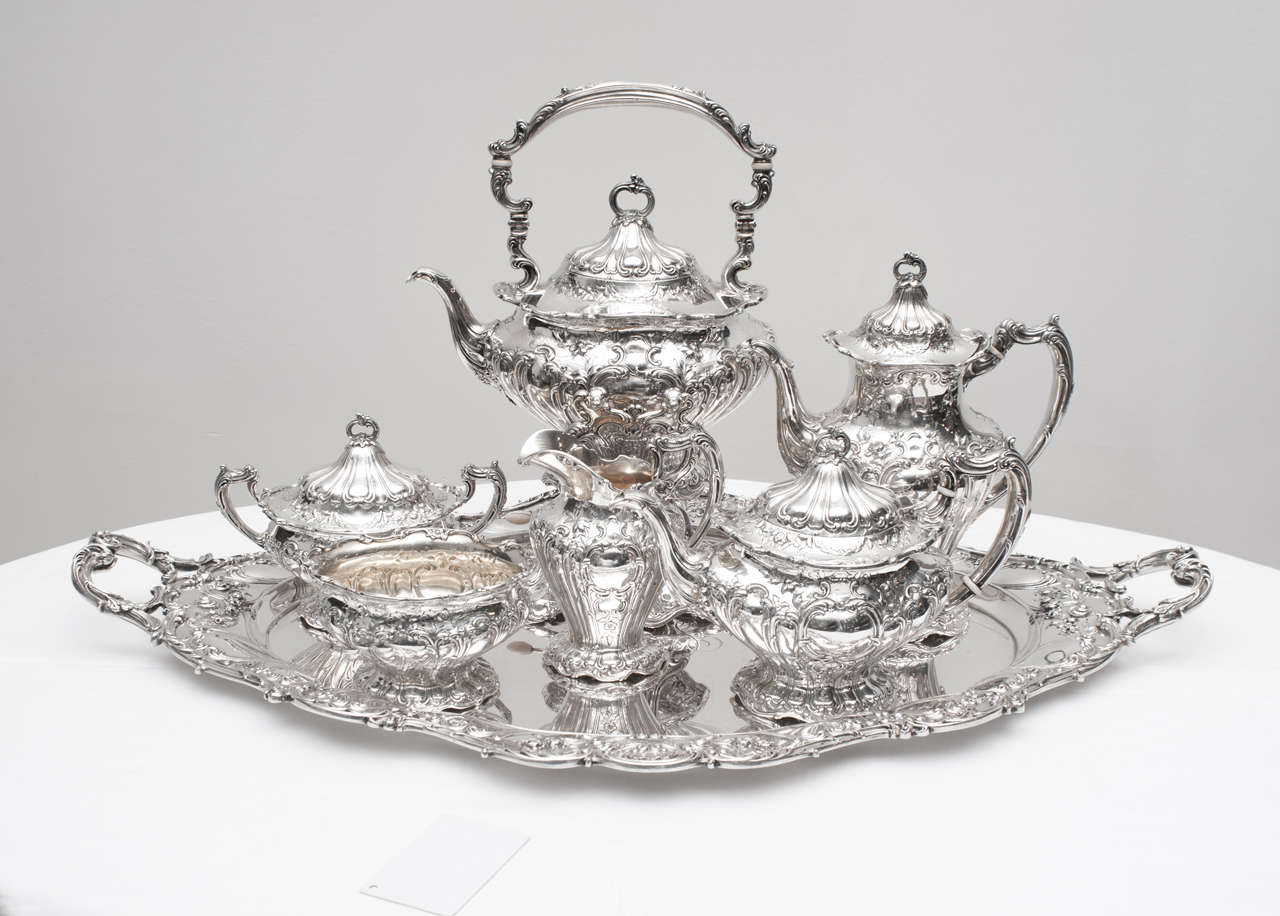 A fine and rare Gorham sterling Chantilly Grand seven piece tea and coffee service. The complete service weighs 281.3 troy ounces and has Gorham year marks for 1908. Dimensions of the tray: Length 29 1/2