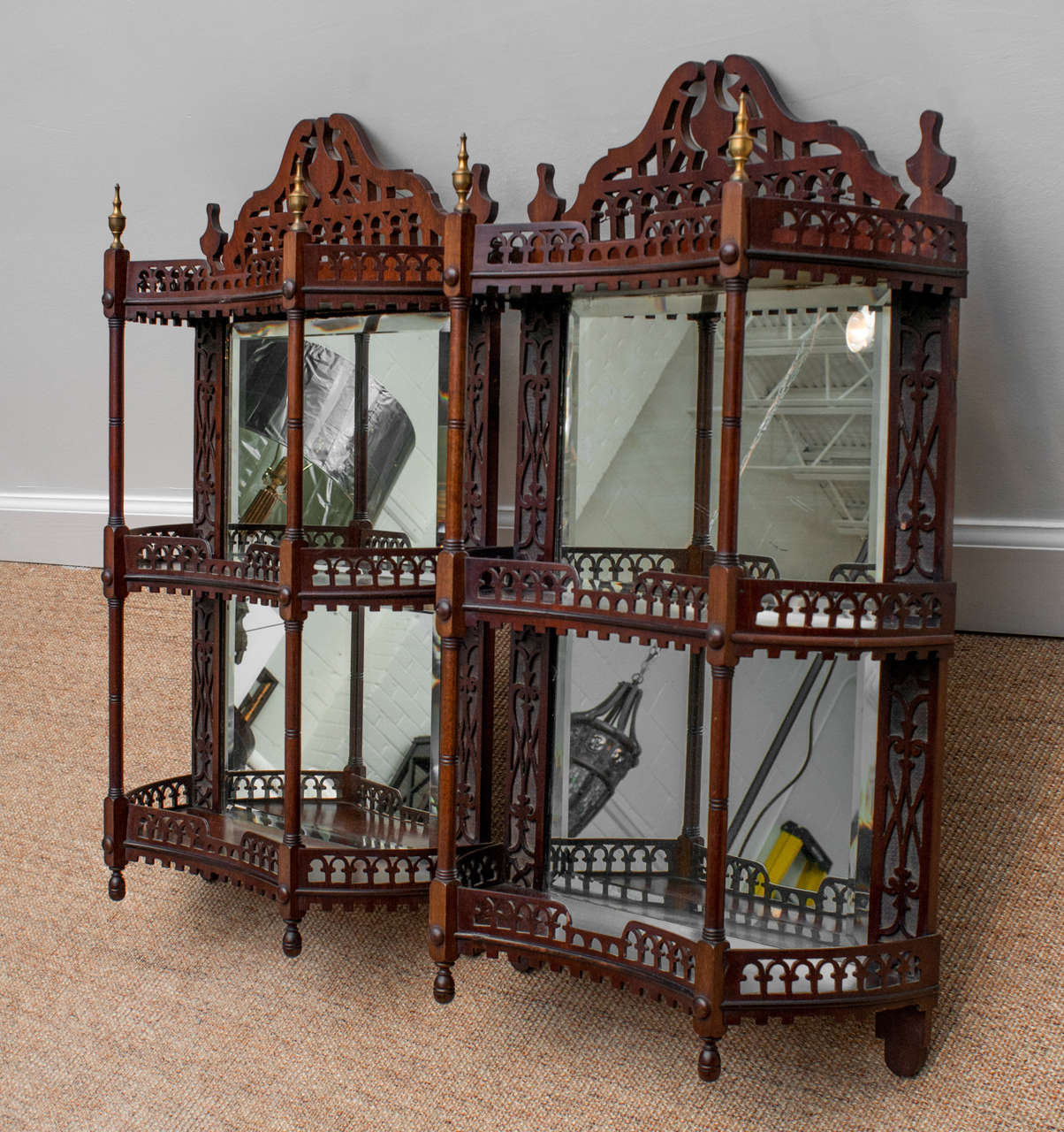 Chippendale Pair of Mahogany Fretwork Hanging Vitrines For Sale