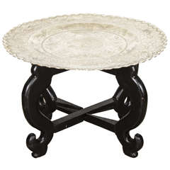 Chinese Hand-Carved Brass Tray on Folding Wooden Base 8