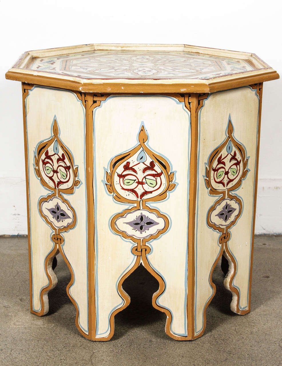 Moroccan Octagonal Hand Painted White Side Table In Good Condition In North Hollywood, CA
