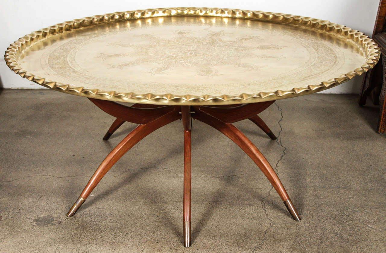 Large Round Brass Tray Table on Spider Folding Stand at 1stDibs round