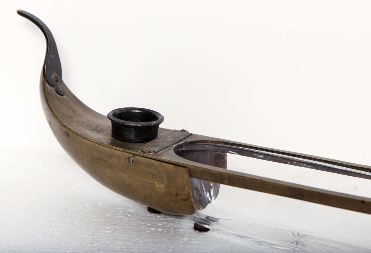 Italian 19th Century Bronze and Glass Inkwell Pen Tray in Gondola Form For Sale
