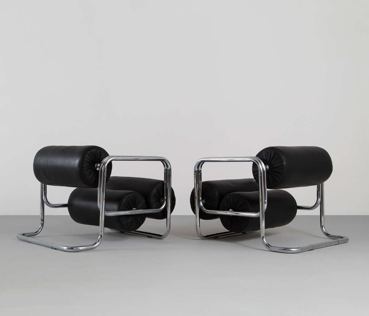 Mid-Century Modern Set of Two Club Chairs, Chrome Tube Frame, Black Leather