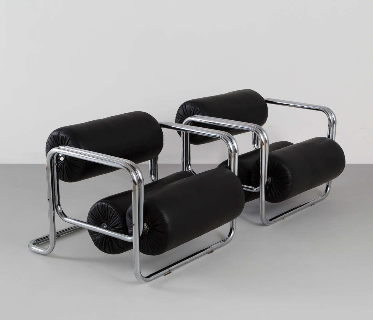 German Set of Two Club Chairs, Chrome Tube Frame, Black Leather
