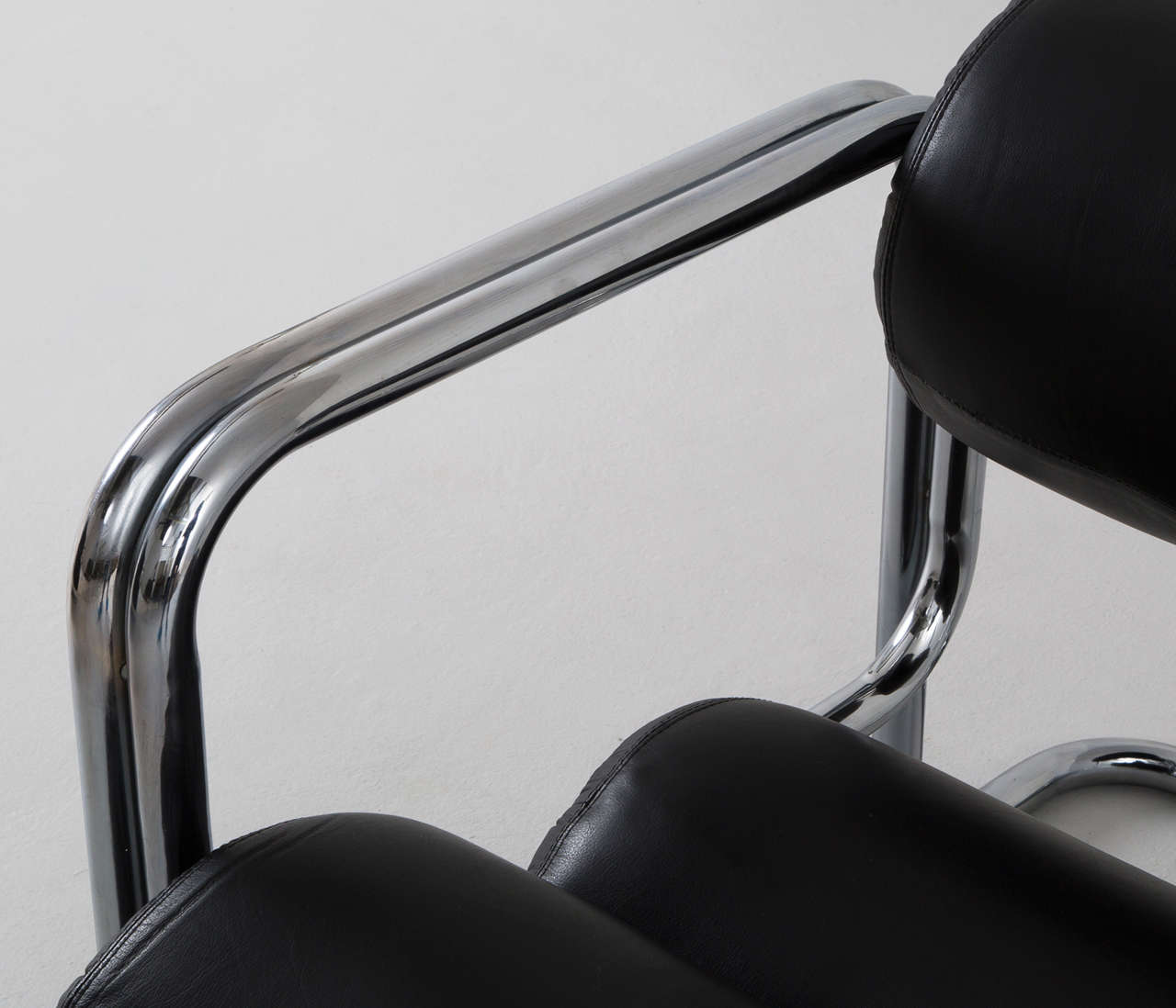 Mid-20th Century Set of Two Club Chairs, Chrome Tube Frame, Black Leather