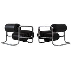 Set of Two Club Chairs, Chrome Tube Frame, Black Leather