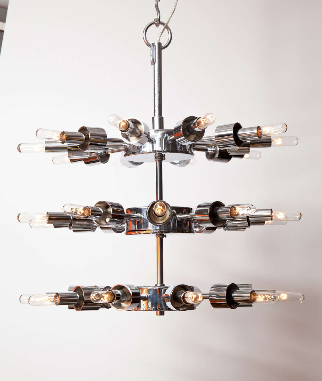 Decorative chrome chandelier from circa 1950. Beautiful designed ceiling fixture with 30 light bulbs.