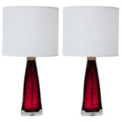 Pair of Red Orrefors Crystal Lamps