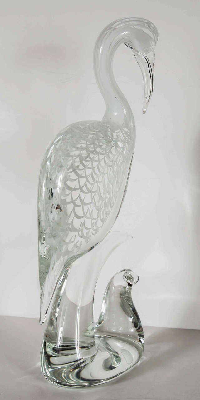 Stunning Handblown Murano Glass Crane Sculpture Signed by Licio Zanetti 2