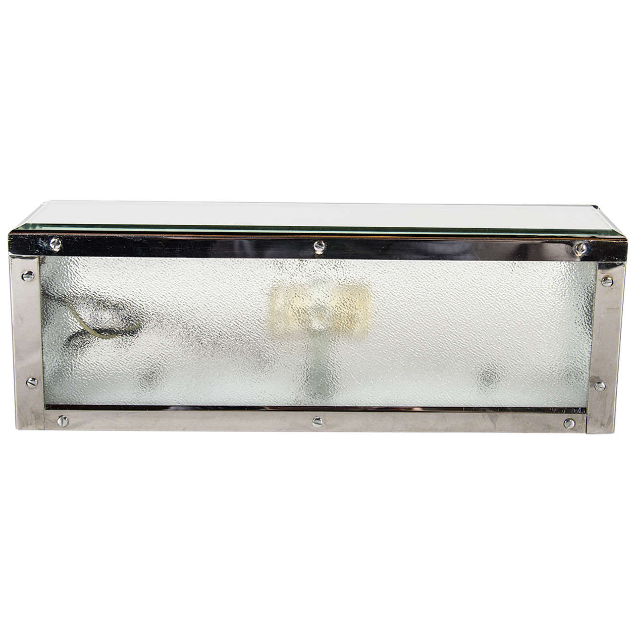 This very chic wall mounted vanity light features a surround of beveled mirror with the bottom in relief textured glass to allow the light to come through. It is fitted for two lights. The frame is chrome and this vanity light has been completely