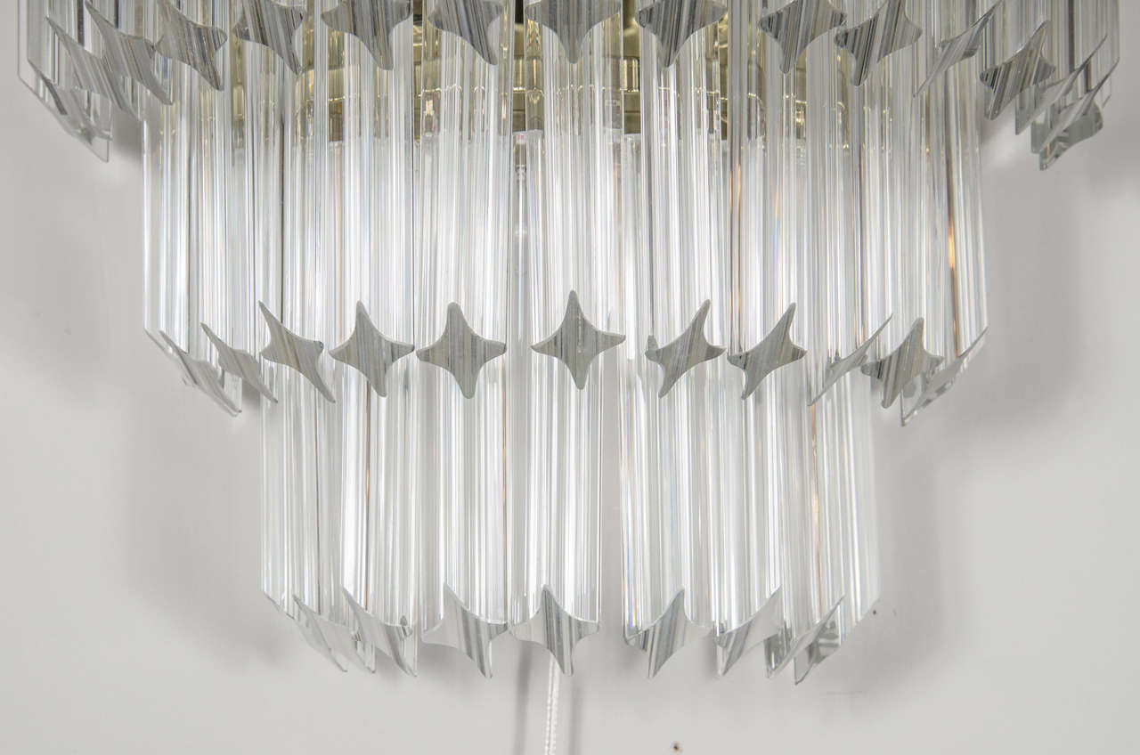 Pair of Mid-Century Three-Tiered Camer Crystal Sconces with Greek Key Detailing In Excellent Condition In New York, NY