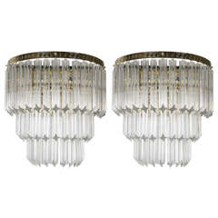 Pair of Mid-Century Three-Tiered Camer Crystal Sconces with Greek Key Detailing