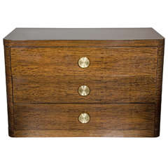 Streamlined Art Deco Low Chest in Bookmatched Walnut and Brass Pulls