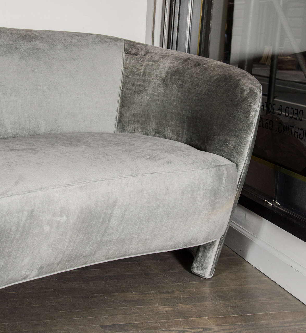 Outstanding Kagan Style Sofa by Weiman Preview in Smoked Grey Velvet In Excellent Condition In New York, NY