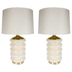 Pair of Modernist Handblown Ribbed Column Table Lamps with Brass Fittings