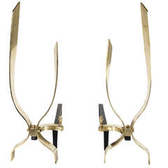 Ultra Chic Pair of Mid-Century Modernist Banded Brass U-Form Andirons