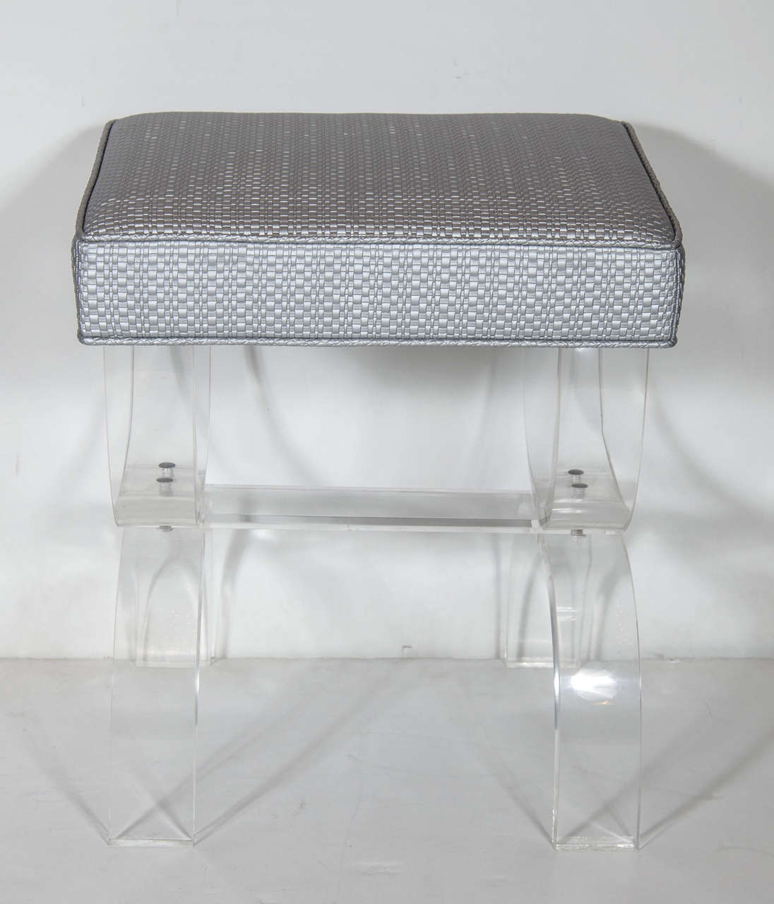 Mid-Century Modernist Clear Lucite Stool with Woven Platinum Metallic Upholstery