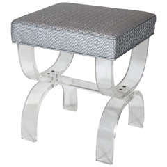 Mid-Century Modernist Clear Lucite Stool with Woven Platinum Metallic Upholstery