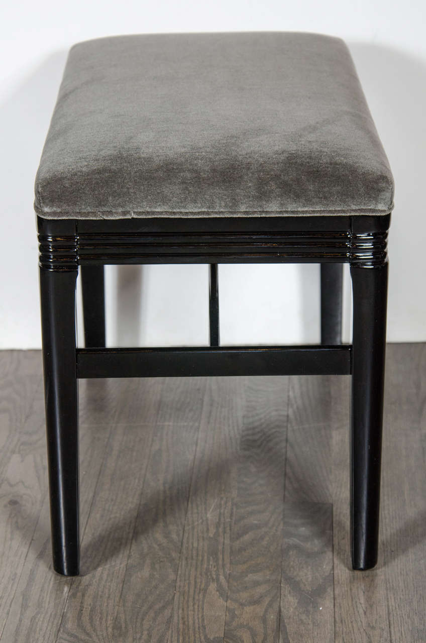 Mid-20th Century Art Deco Machine Age Bench in Black Lacquer & Grey Velvet