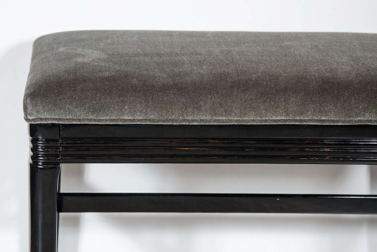 Art Deco Machine Age Bench in Black Lacquer & Grey Velvet 1