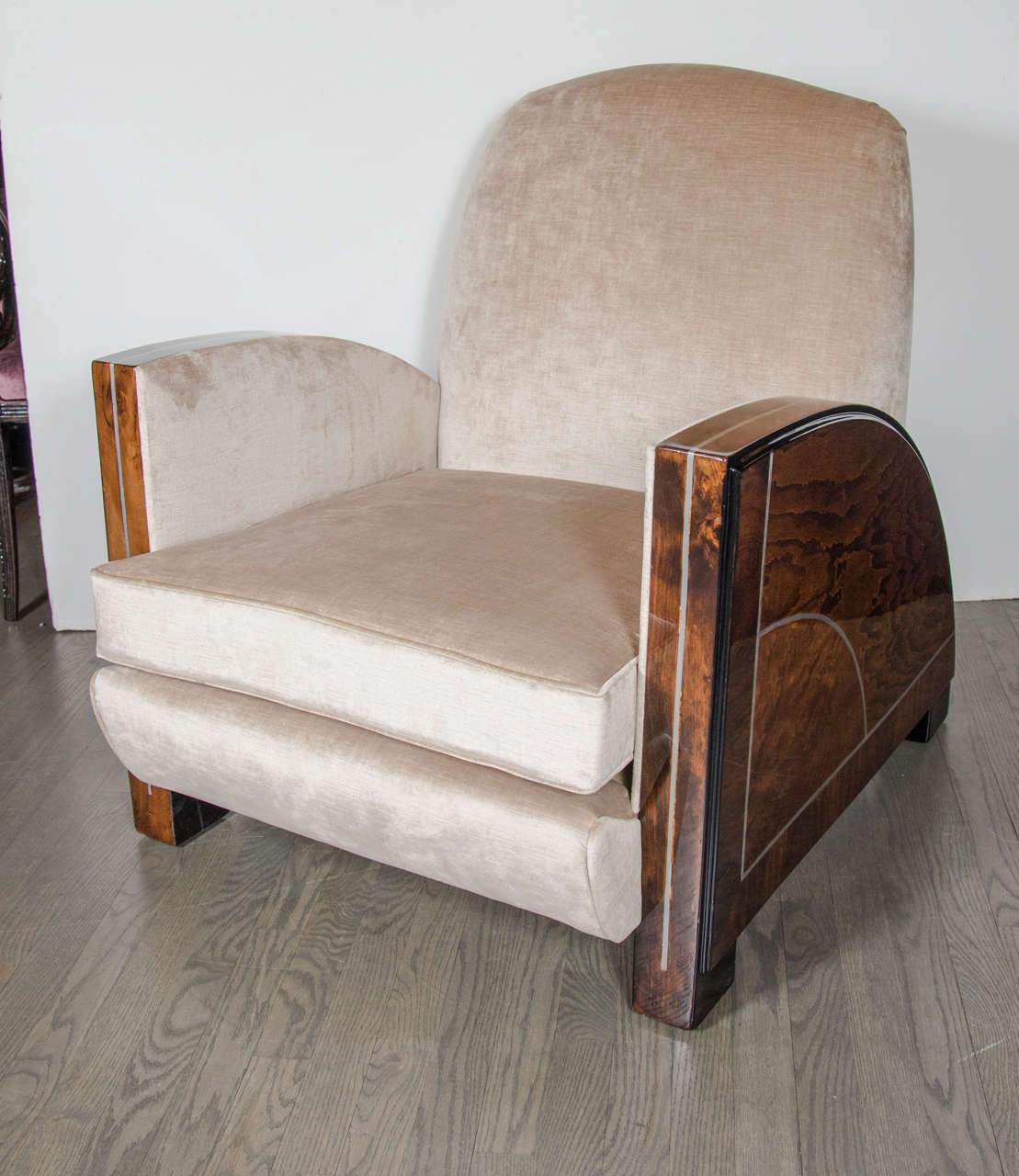 Superb Art Deco Exotic Wood Inlay Club Chair in Smoked Oyster Velvet Upholstery