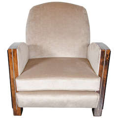 Superb Art Deco Exotic Wood Inlay Club Chair in Smoked Oyster Velvet Upholstery