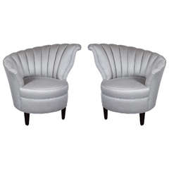 Glamorous Pair of 1940s Asymmetrical Fan Back Chairs in Platinum Sharkskin
