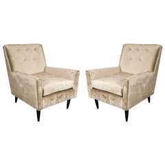 Pair of Mid-Century Modernist Button-Back Club Chairs in Smoked Gold Velvet
