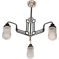 Art Deco Chandelier in the Manner of Hoffman in Nickel and Frosted Glass