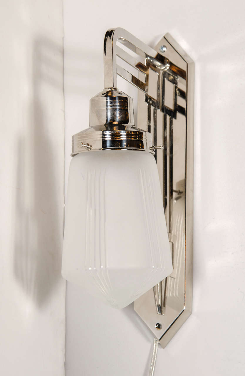 Art Deco Bauhaus Style Sconce in the manner of Josef Hoffman in Polished Nickel In Excellent Condition In New York, NY