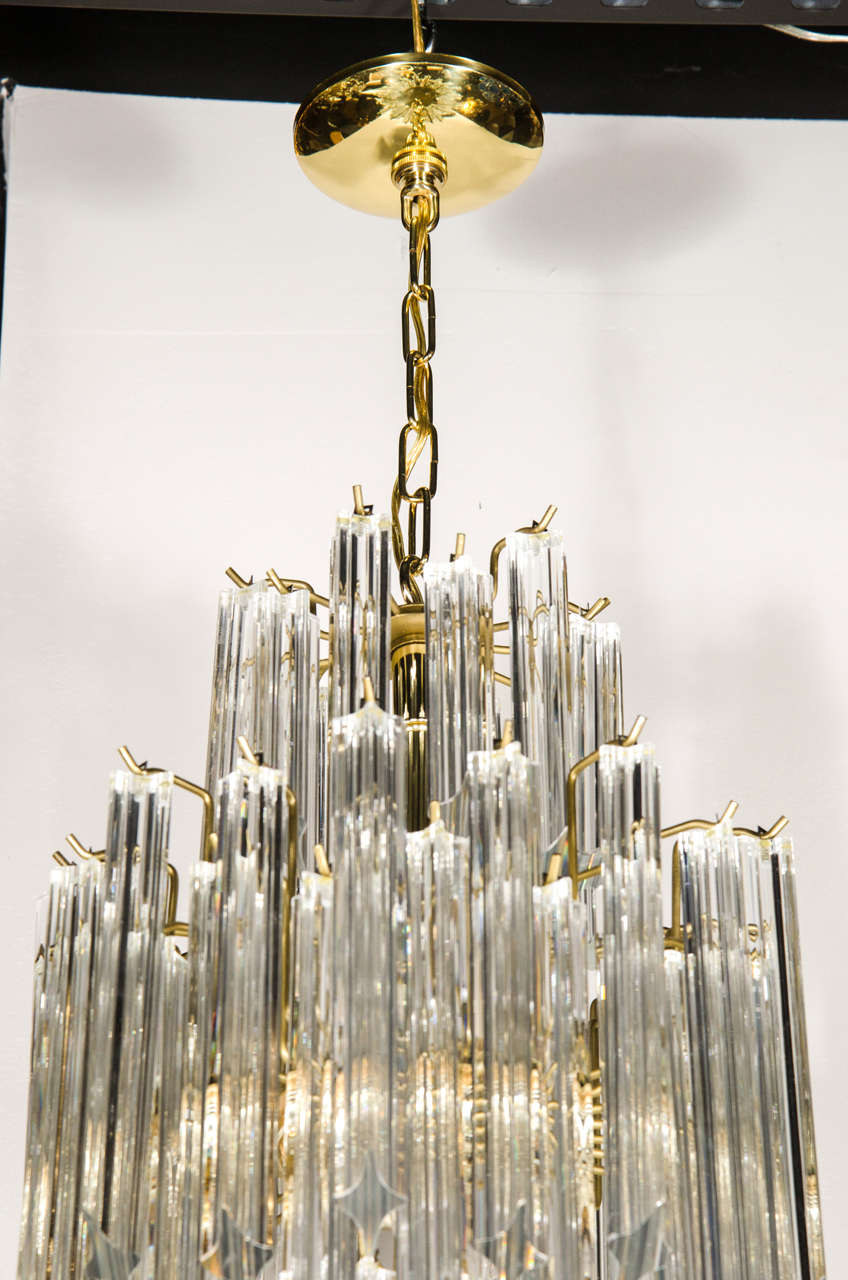 Italian Mid-Century Modern Three-Tier Triedre Cut Translucent Glass Camer Chandelier For Sale